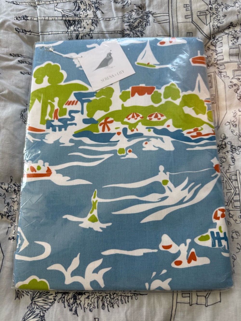 Serena & Lily Blue Coastal Print Shower Curtain with Green and Orange Accents